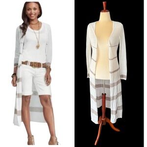Cabi Riviera Linen White Taupe Striped Long Cardigan Sweater Duster Size…